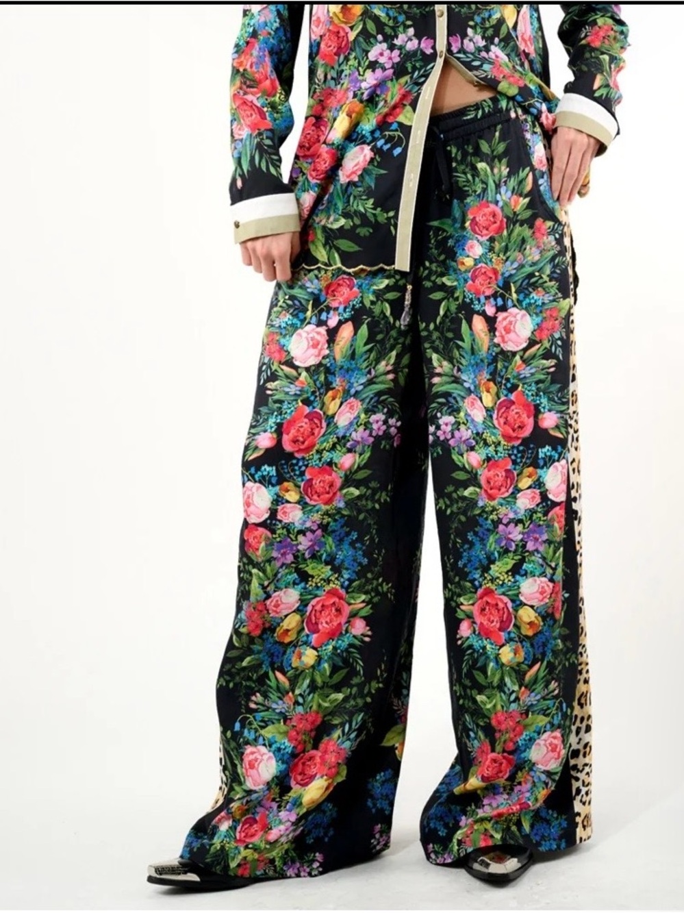 Wide-Leg Floral Pants with Leopard Stripe in Black. Retail $179 pants only - Picture 2 of 5